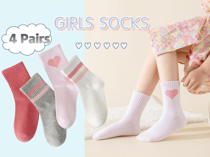Wamvp Girls Socks Kids Pink Crew Athletic Socks with Hearts Striped 4 Pairs for Children 4-12 Years - Image 2